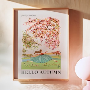 Adiós verano, hola otoño, póster vertical mate, decoración otoñal, hojas de otoño, impresión artística, galería caprichosa, arte de pared, decoración de otoño, regalo de inauguración de la casa