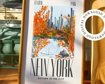 May include: Framed art print featuring a watercolor illustration of Central Park in New York City during autumn. The artwork includes the text "NEW YORK" and "AUTUMN IN THE CITY" in a bold font, with a digital download circle.