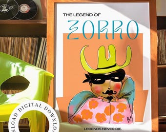 Zorro Digital Download Retro Wall Art Colorful Art Print The Legend of Zorro Poster Minimalist Gallery Wall Art Home Decor Trendy Poster