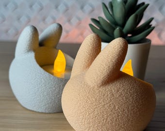 Bunny Tealight Candle Holder Set – Pastel Peach & Grey | Battery LED lights Included | Cute Bunny Decor for Home Nursery Easter Gift Ideas