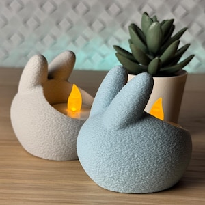 Bunny Tealight Candle Holder Set – Pastel Blue & Grey | Battery LED lights Included | Cute Bunny Decor for Home Nursery Easter Gift Ideas
