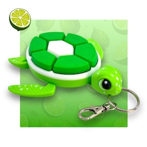 May include: A green and white turtle keyring with a lime green shell and a white face with black eyes. The turtle is attached to a silver key ring.