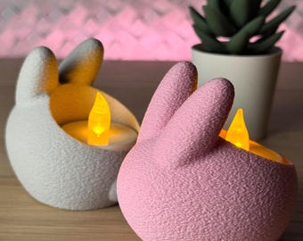 Bunny Tealight Candle Holder Set – Pastel Pink & Grey | Battery LED lights Included | Cute Bunny Decor for Home Nursery Easter Gift Ideas