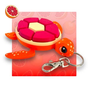 May include: A bright orange and pink turtle keyring with a white shell and black eyes. The turtle has a silver metal clasp.