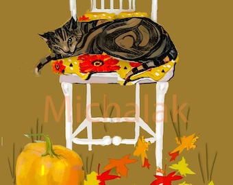 Tiger Cat Card, Fall Card, Tiger Tabby Cat Sitting in Chair, Pumpkin