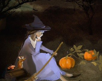 Little lonely Witch Print, Witch with Pumpkin, Witch with mouse  Disney Style