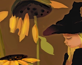 Cute Hand drawn Halloween Witch Card, Sunflower Art (5x7)
