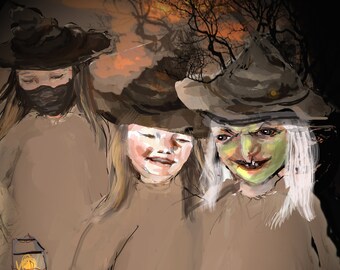 Trick or Treat Halloween Card Witches, Hand drawn illustration Kids Card