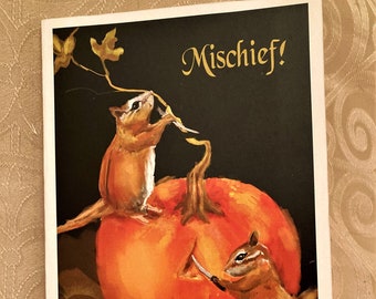 Whimsical Halloween  Greeting Card,  Chipmunk  Halloween Card,  Children,  Pumpkins, Halloween Greeting Cards,  Halloween Invitation