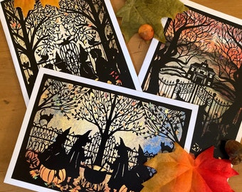Halloween Paper Cut Card Set, Witches, Pumpkins, Haunted House (5x7)