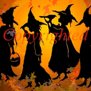 4 Witches Trick or Treat 5x7 Halloween Card, Paper Cut Card,