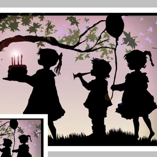 5x7 Birthday Greeting Card, Silhouette of Children, Paper Cuttimg Print, Papercutting,  Scherenschnitte