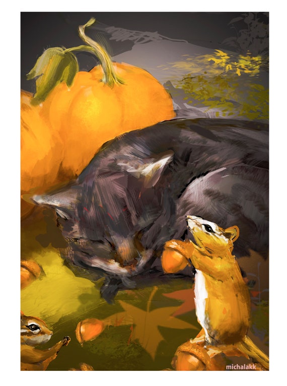 Artistic Halloween Card, Cat with Pumpkin 5x7 Card