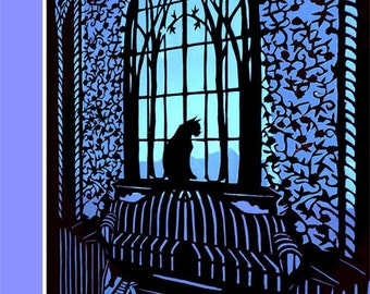 Silhouette Cat in the Window Print, Papercutting,