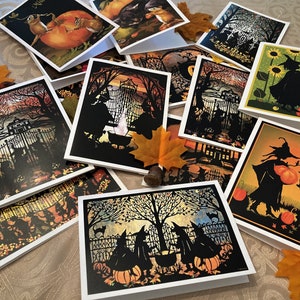 May include: A collection of Halloween greeting cards featuring various spooky silhouettes, including witches, cats, and pumpkins. The cards are decorated with autumnal colors and have a vintage aesthetic.