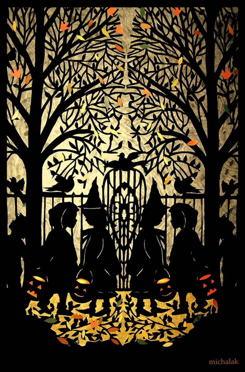 May include: A black silhouette art piece depicting children in witch hats and costumes, holding jack-o'-lantern buckets. The background features a golden, textured backdrop with trees and falling leaves, creating a Halloween theme.