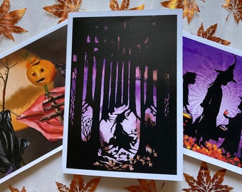 Paper Cut Halloween Card Set , 5x7 scarecrow, Witches,