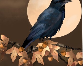Hand-Drawn Raven Halloween Card – Autumn Night Moon, Acorns, Leaves
