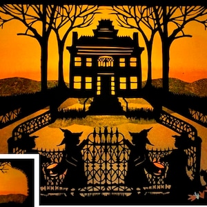 May include: A black silhouette of a spooky house with a fence and three witches walking towards it. The background is a sunset with hills in the distance.