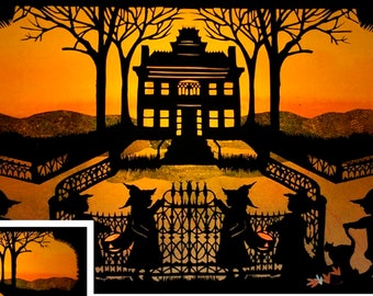 Halloween Card, Spooky Halloween 5x7 Card, Witches, Black Cat, Haunted House, Invitation, Halloween Cards