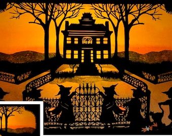 Hand cut Print Scherenschnitte Halloween Card: Spooky Haunted House, Vintage Style (5x7)