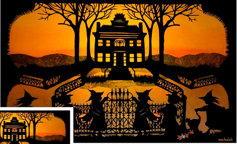 May include: A black silhouette of a spooky house with a fence and three witches walking towards it. The background is a sunset with hills in the distance.