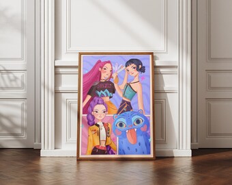 Kpop Demon Hunters neon poster, cyberpunk anime girls art, digital download, Zoey Rumi Mira stylish illustration, colorful fantasy print