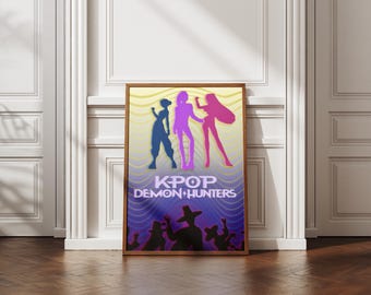 Kpop Demon Hunters silhouette poster, dark gothic fantasy illustration, stylish anime girl art print, purple neon aesthetic digital download