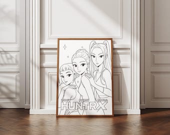 HUNTRX Kpop girls line art poster, Zoey Rumi Mira printable coloring page, anime girl group illustration, webtoon character digital download