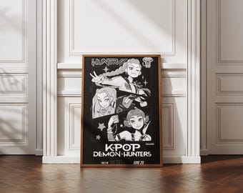 Kpop Demon Hunters poster, dark anime girl aesthetic art, HUNTRX illustration, gothic black and white character print, digital download