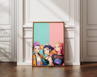 Kpop Demon Hunters pastel poster, anime girl trio art, digital download, cute aesthetic illustration, stylish fantasy character print