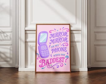 Cute flip phone quote poster, retro Y2K aesthetic art, digital download, pastel typography illustration, stylish girly wall decor print
