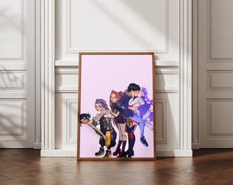 Mira and Rumi Kpop dark aesthetic poster, magenta purple digital illustration, animation character art, cyber glitch fantasy print download