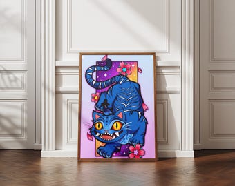 Derpy fantasy cat art, kawaii monster cat poster, cute digital download, vibrant cartoon wall art, magical feline illustration decor