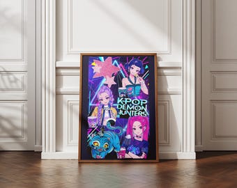 Rumi and Mira dark pop collage poster, cyberpunk anime girls illustration, edgy aesthetic digital download, animated character wall print