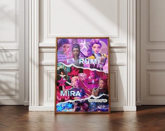 Rumi and Mira Kpop aesthetic poster, pink purple anime girl art, digital download, trendy character collage print, idol fashion illustration