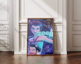 Zoey animated movie poster, futuristic cyberpunk girl art, neon glow illustration, dark blue purple aesthetic digital download