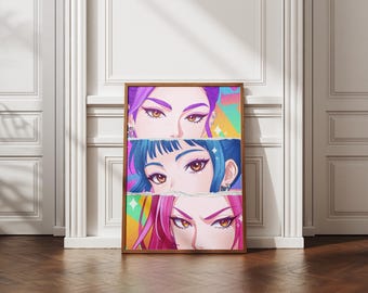Electric Violet Gaze, Pop Art Portrait, Anime Girl Wall Art, Instant Digital Download, Home Room Decor, Anime-Style K-Pop