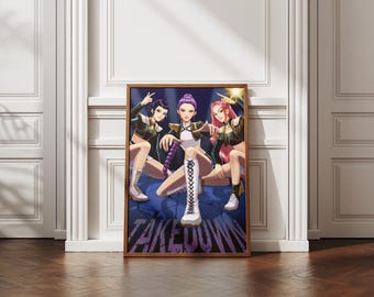 Kpop Demon Hunters girl trio, anime warrior girls art, digital download, neon fantasy illustration, fierce stylish character poster