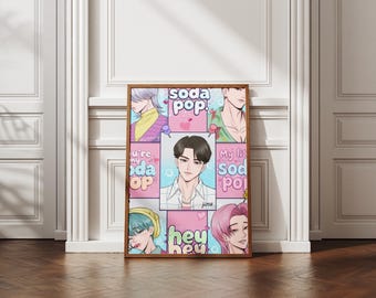 Kpop Soda Pop aesthetic poster, bright anime boys illustration, Y2K fashion character art, pink and blue pastel digital download