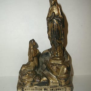 Bernadette Lourdes Blessed Virgin Mother Mary Apparition Statue Metal Old Vintage Antique French France Christian Catholic Religious
