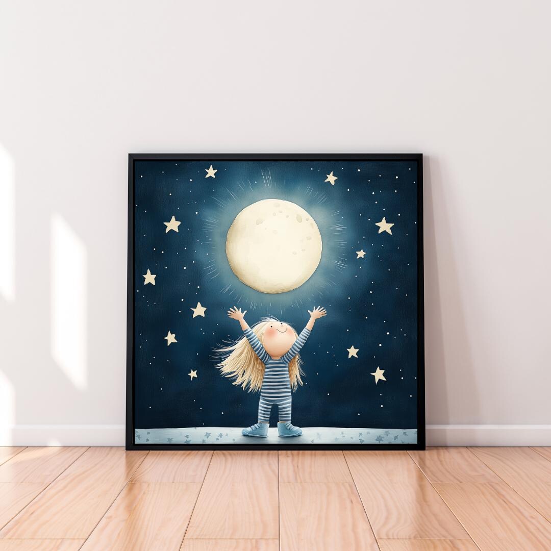 Printable Sweet Moon Child Wall Art, Child Room Downloadable Art