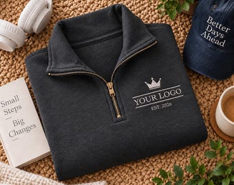Custom Embroidered Quarter Zip Sweatshirt, Personalized Business Logo Pullover, Company Team Uniform, Employee Gift