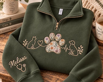 Personalized Vet Tech Embroidered Quarter Zip Sweatshirt, Veterinary Pullover, Floral Applique, Vet Assistant Gift, Christmas Gift