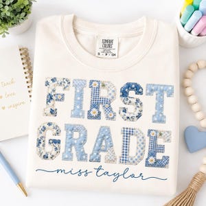 Personalized First Grade Teacher Shirt, 1st Grade Tee, Daisy Patchwork Comfort Colors Back to School Gift
