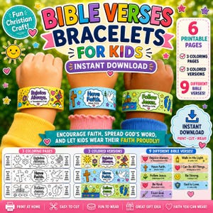 Puede incluir: Un set de manualidades digital con pulseras de versículos bíblicos imprimibles para niños. Incluye 6 páginas con 3 versiones para colorear y 3 a color, presentando 9 versículos diferentes con gráficos coloridos como arcoíris y cruces.