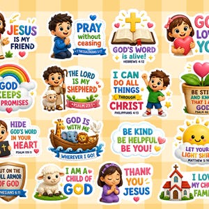May include: A collection of fifteen colorful religious stickers featuring cartoon characters, animals, and biblical themes. Each sticker includes inspirational text such as Jesus Is My Friend, God Loves You, and Put On The Full Armor Of God.