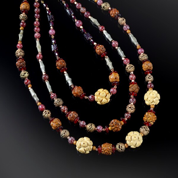Organic stone jewelry * analogous color theory * collector jewelry * bohemian statement necklace * jade garnet wood