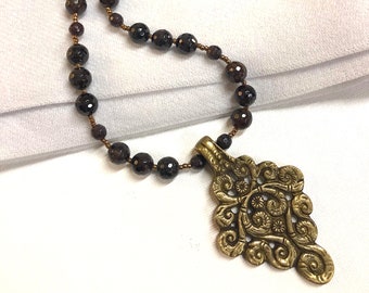 Garnet and brass necklace * huge pendant * January birthstone