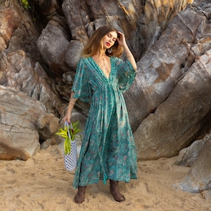 sienna boho dress Sage Dress: Handmade Silk Blend Maxi With V-neck the Zayla by Joyfolie